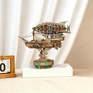 Steampunk Wooden Airship Model Kit | Music Box, Moving Gears Display Decor