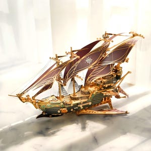 Fantasy Airship Wooden Model Kit, Steampunk Ship Puzzle, Magical Flying Decor