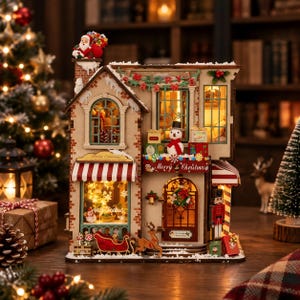 May include: A miniature two-storey Christmas candy shop model featuring a brick facade, a red and white striped awning, a Santa figure on the chimney, a snowman, a nutcracker, and a reindeer. The structure includes illuminated windows and signs reading Merry Christmas.