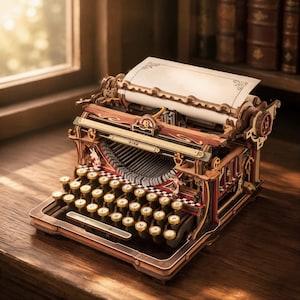 May include: A wooden mechanical typewriter model featuring intricate laser-cut details, a carriage with a blank sheet of paper, and circular keys with letters. The structure displays a dark wood finish with red accents and small decorative rabbit figures.