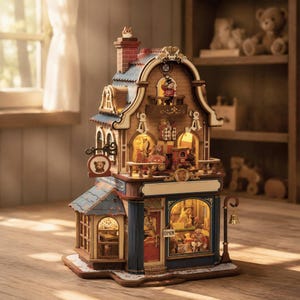 Wooden Toy Shop Miniature Kit | Rotating Building Model with Lights, Music