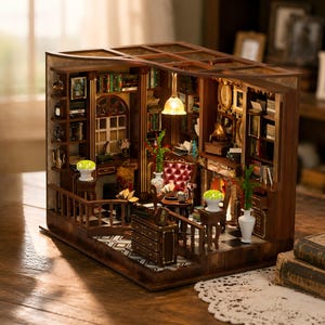 May include: A miniature wooden library room kit featuring a dark wood structure, a black and white checkered floor, a red tufted armchair, a fireplace, bookshelves filled with books, a hanging pendant light, and various decorative accessories.