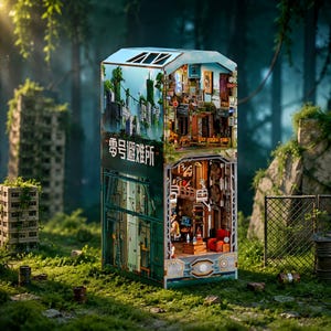 May include: A multi-level miniature diorama kit featuring a post-apocalyptic shelter theme. The exterior displays a blue and green cityscape with the Chinese text 零号避难所. The interior reveals two levels with detailed furniture, lighting, and accessories.