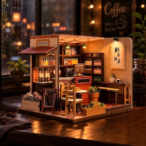 DIY Miniature Wooden Cafe Kit | Cozy Coffee Shop Scene with LED Light, Modern Decor