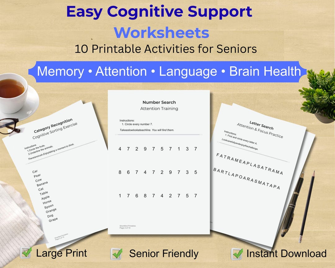 Large Print Cognitive Worksheets for Seniors, Memory Brain Games