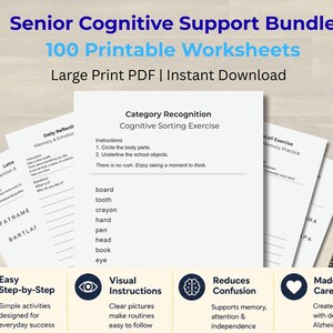 May include: A bundle of 100 printable worksheets for senior cognitive support. The worksheets include exercises for memory, attention, and cognitive sorting. The bundle is designed with large print and is available for instant download.