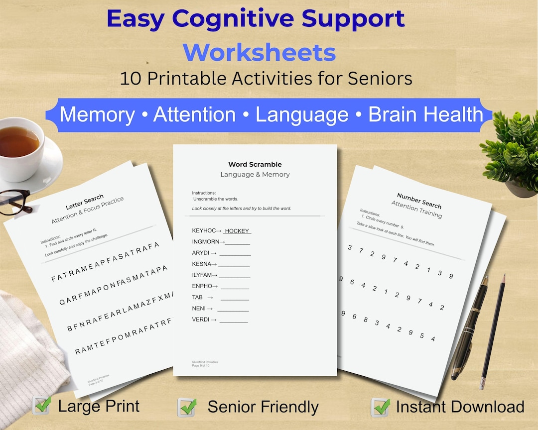 Senior Cognitive Support Worksheets, Large Print Brain Games, Dementia