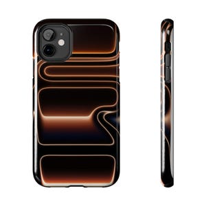 May include: Black phone case with a neon orange, abstract design. The case has a glossy finish and a sleek, modern aesthetic. The design features curved lines and rectangular shapes.