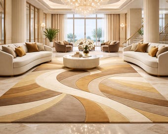 Alfombra de lujo Gold Wave, alfombra abstracta moderna, decoración de sala de estar en tonos beige neutros.