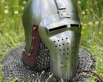 14th Century Hounskull Bascinet Helmet with Chainmail Aventail – Battle Ready Knight Armor