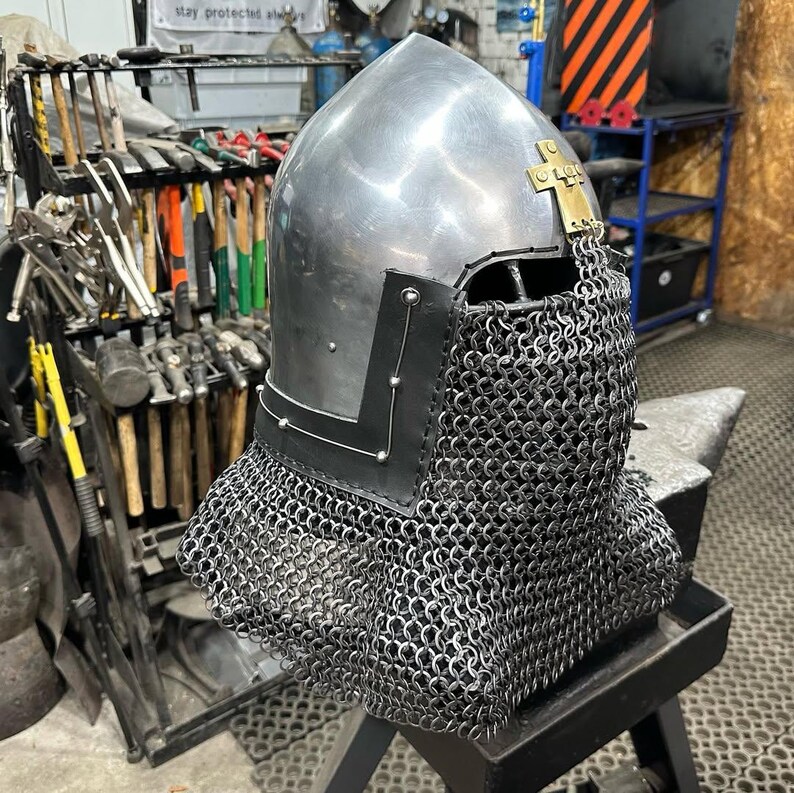 Medieval Chainmail Helmet With Brass Cross | Viking Crusader Armor Helm ...