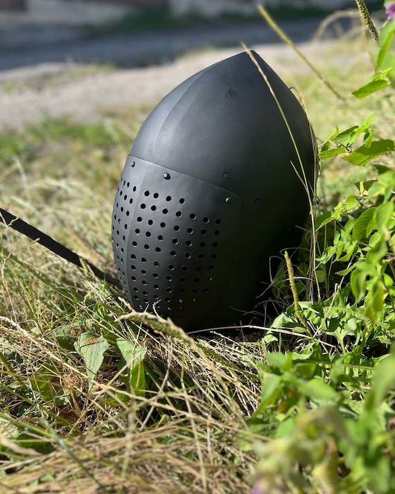 Matte Black Steel Bascinet Helmet – 14th Century Knight Armor, LARP, SCA