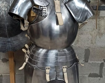 May include: A polished steel suit of armor, featuring articulated plates and leather straps. The breastplate and shoulder guards are prominent, with a chainmail skirt at the bottom. The armor is displayed against a brick wall.