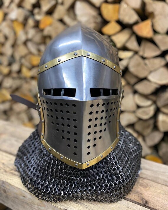 15th Century Bascinet Helmet | Steel Knightly Hounskull with Brass Trim