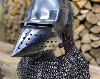 14th Century Hounskull Bascinet Helmet with Chainmail Aventail | Combat Ready Steel Knight Armor