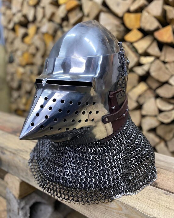 14th Century Hounskull Bascinet Helmet with Chainmail Aventail | Combat Ready Steel Knight Armor
