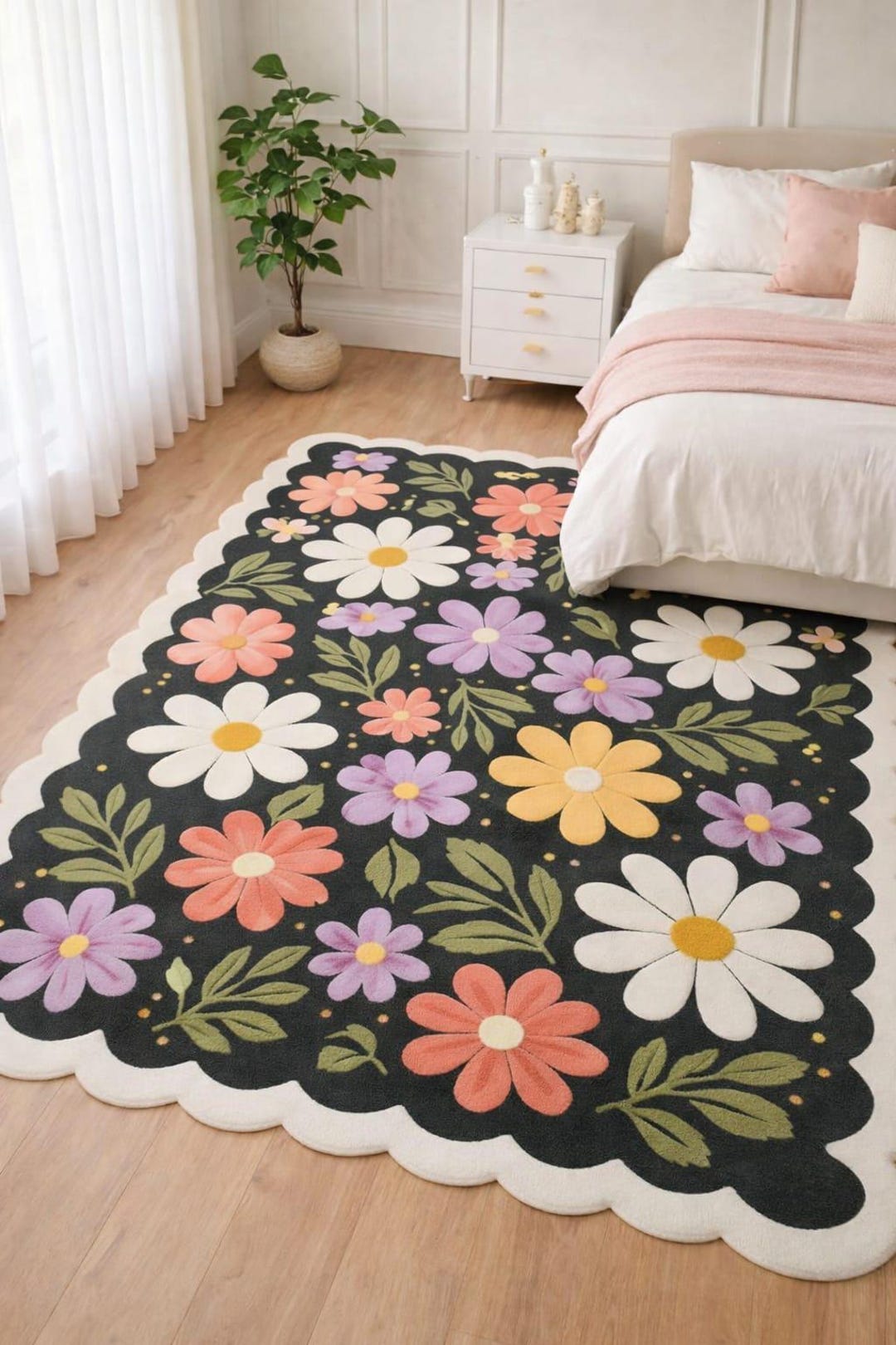 Flower City Rug Colorful Daisy Floral Rug, Retro Flower Area Rug, Black Background ...
