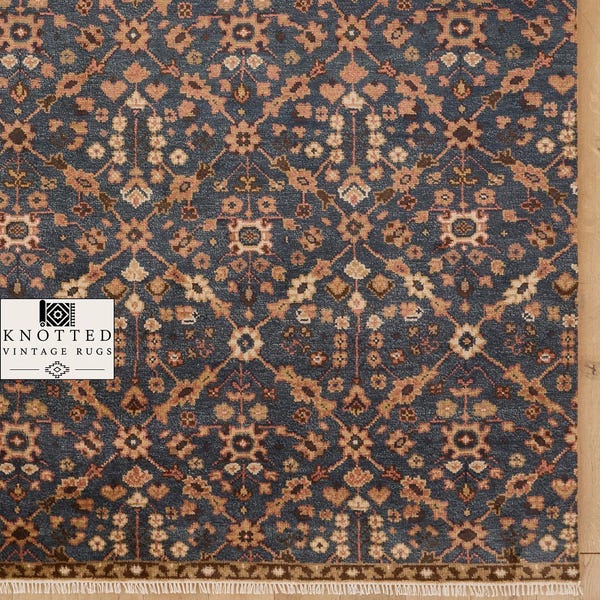 Handgeknoopt wollen vloerkleed – grote woonkamer vintage marineroest