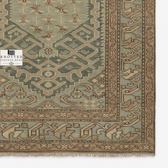 Hand Knotted Oushak Rug, Muted Sage Green Turkish Wool Area Rug