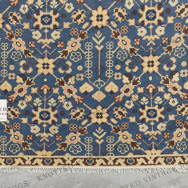 Hand Knotted Wool Rug – Vintage Navy Rust Large Area Living Room