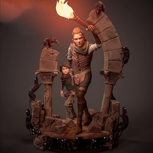 May include: A detailed figurine depicting a woman holding a torch, leading a child through a stone structure. The woman wears a brown and red outfit, and the child wears a green shirt. The scene is set in a dark, fantasy environment.
