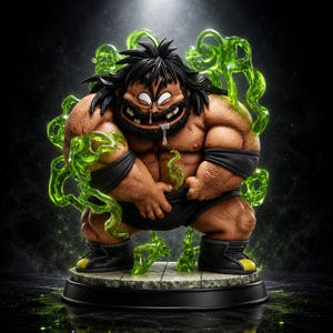 Könnte beinhalten: Eine muskulöse, bärtige Charakterfigur mit dunklem Haar, die schwarze Armbänder, eine schwarze Hose und schwarze Schuhe mit gelben Akzenten trägt. Die Figur ist von durchscheinenden grünen Energieeffekten umgeben und steht auf einem runden Steinsockel.