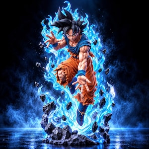 Könnte beinhalten: Eine detaillierte Anime-Figur mit stacheligen schwarzen Haaren, bekleidet mit einem blauen Oberteil und einer orangefarbenen Hose, umgeben von einer leuchtend blauen Energieaura und schwebenden dunklen Felsen in einer dynamischen Pose.