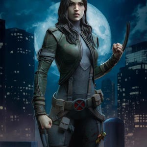 May include: A digital illustration of a female character in a green jacket and gray jumpsuit, holding metal claws. The character stands on a rooftop with a cityscape and a full moon in the background. The belt has an "X" logo.
