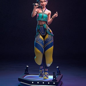 May include: A 3D rendered figure of a singer on a stage. The figure wears a teal crop top, blue and yellow pants, and matching sneakers. She holds a microphone and is posed as if singing. The stage is black with spotlights.