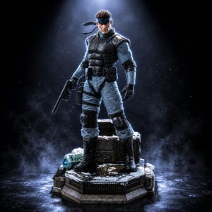 May include: A detailed action figure of a soldier wearing a black tactical vest, light blue camouflage trousers, black boots, and a blue headband. The figure holds a black handgun and stands on a weathered, snow-dusted metallic platform.