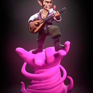 Könnte beinhalten: 3D-gerenderte Figur eines männlichen Elfen, der eine Laute spielt, mit einer Rose im Mund. Er steht auf einer stilisierten rosa Hand. Der Elf trägt ein weißes Hemd, eine lila Weste, braune Hosen und schwarze Stiefel. Der Hintergrund ist dunkel.