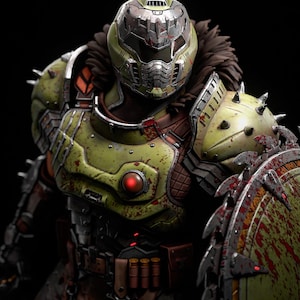 May include: A detailed image of a futuristic warrior in battle armor. The armor is primarily olive green with silver accents, spikes, and a helmet. A shield with a saw-like edge is visible, splattered with red. The warrior has a fur-like collar.