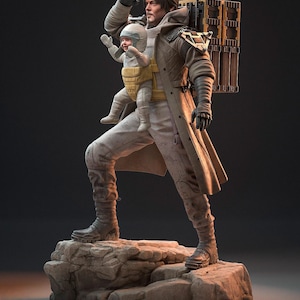 May include: A detailed statue of a person carrying a baby in a carrier. The person wears a long coat, gloves, and a backpack. The baby is in a protective helmet and carrier. The statue stands on a rocky base, with a dark background.