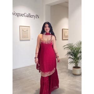Georgette Sharara Set Women Embroidered | Kurti Sharara Dupatta Set Sequins Work Party Wear Ethnic Outfit