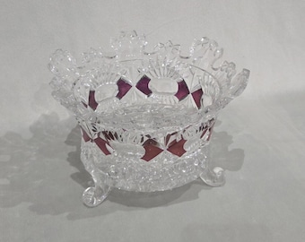 Schale aus geschliffenem Glas mit roter Verzierung – Vintage-Schale aus Pressglas – Elegante Dekoschale im Retro-Stil