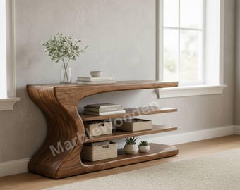 Sculptural Solid Wood Console Table with Open Shelves, Handmade Entryway Table, Natural Wood Hallway Sofa Table