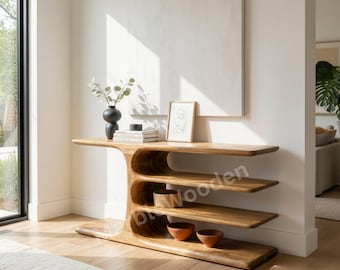 Solid Oak Wood Console Table with Open Shelves, Handmade Sculptural Entryway Table, Natural Wood Hallway Sofa Table