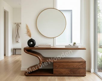Solid Walnut Wood Console Table with Drawers, Sculptural Entryway Table, Handmade Natural Wood Hallway Sofa Table