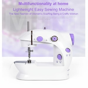 May include: A white and purple lightweight sewing machine. The machine has several purple dials and buttons. Text on the image reads: "Multifunctionality at home, Lightweight Easy Sewing Machine, The New Fashion of Women's Scarfing Being a Crafty Woman."
