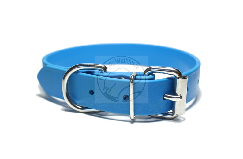 Wide Vegan Leather choice of hardware type and size handmade waterproof 25mm Caribbean Blue Biothane Dog Collar 1