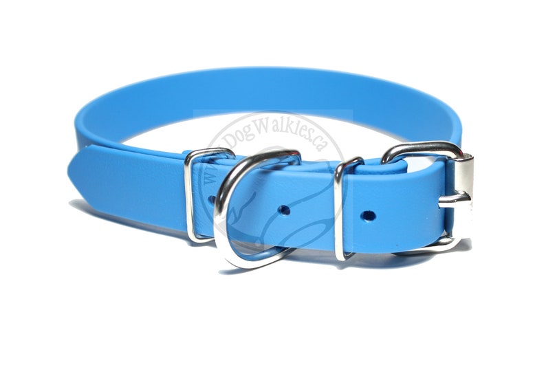 Wide Vegan Leather choice of hardware type and size handmade waterproof 25mm Caribbean Blue Biothane Dog Collar 1