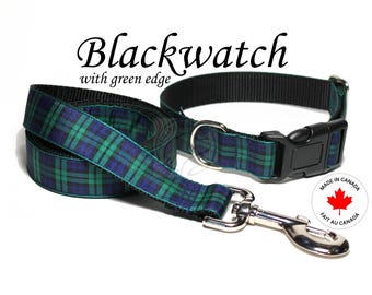 Collare per cani Black Watch Tartan fatto a mano: motivo a quadri con bordo verde, tutte le taglie.