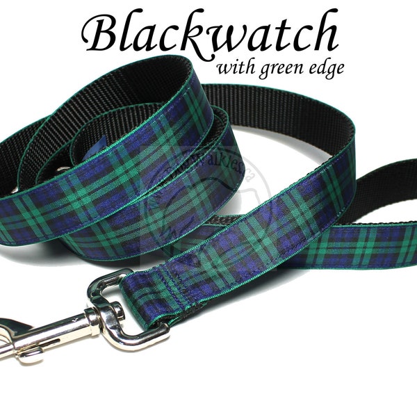 Green Edge BlackWatch Tartan Leash - Matching Tartan Dog Leash in 3 widths - Plaid Leashes - Tartan Lead - Black Watch with Green Edge