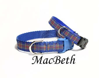 MacBeth Clan Tartan Dog Collars - All Sizes - 2 Widths - Blue, Red and White Plaid - Handmade - MacBeth tartan