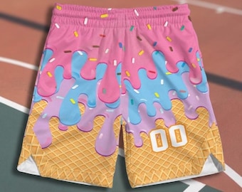 Ice Cream Drip Mesh Shorts, Custom Number Shorts, Summer Beach Shorts, All Over Print Athletic Shorts, Quick Dry Men Shorts, Gift for Him