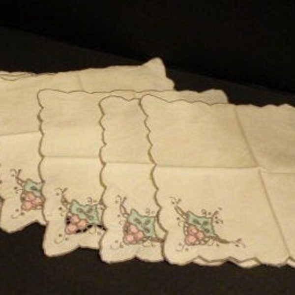 Vintage Set Of 6 Scallop Edge Cocktail Napkins: Ecru' Linen, Dove Grey Embroidery & Pastel Insets, Appear Unused