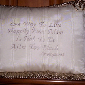 Embroidered Quote Pillow: Ivory Moire Fabric, Golden Tassel Trim