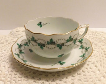 Herend, Hungary PERSIL Classic Cup And Saucer, Parsley & Vines On Smooth White Porcelain, Appears Unused