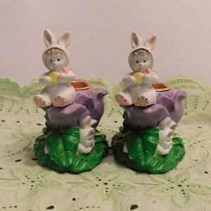 Set Of 2 Bunny Kids Candle Holders, Hermitage Pottery Ca. 1997, Original Stickers, Appear Unused