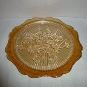 Vintage Jeanette Glass Topaz Iridescent Iris Platter, Scalloped Edge (12 inch)